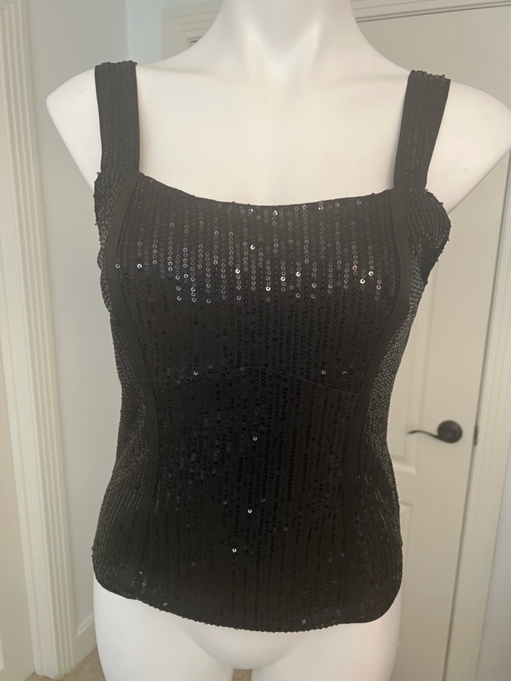 Grace Karin Black Sequin Square Neck Cami, zip up the side, fully lined